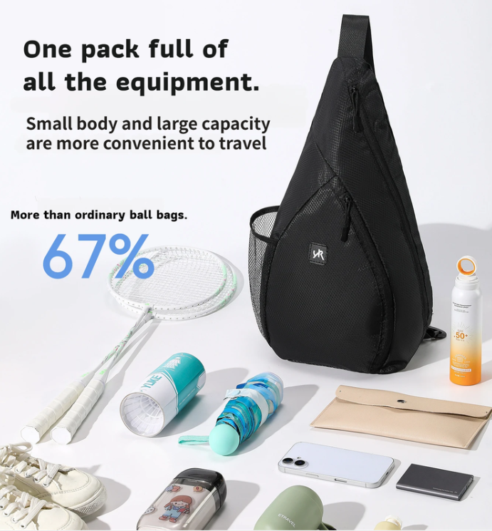 Black Pickleball & Racket Sports Sling Bag with Expandable High-Capacity Storage - Waterproof Oxford Tennis & Badminton Gear Crossbody Backpack