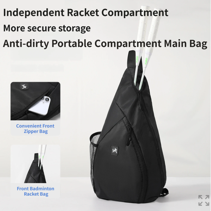 Black Pickleball & Racket Sports Sling Bag with Expandable High-Capacity Storage - Waterproof Oxford Tennis & Badminton Gear Crossbody Backpack