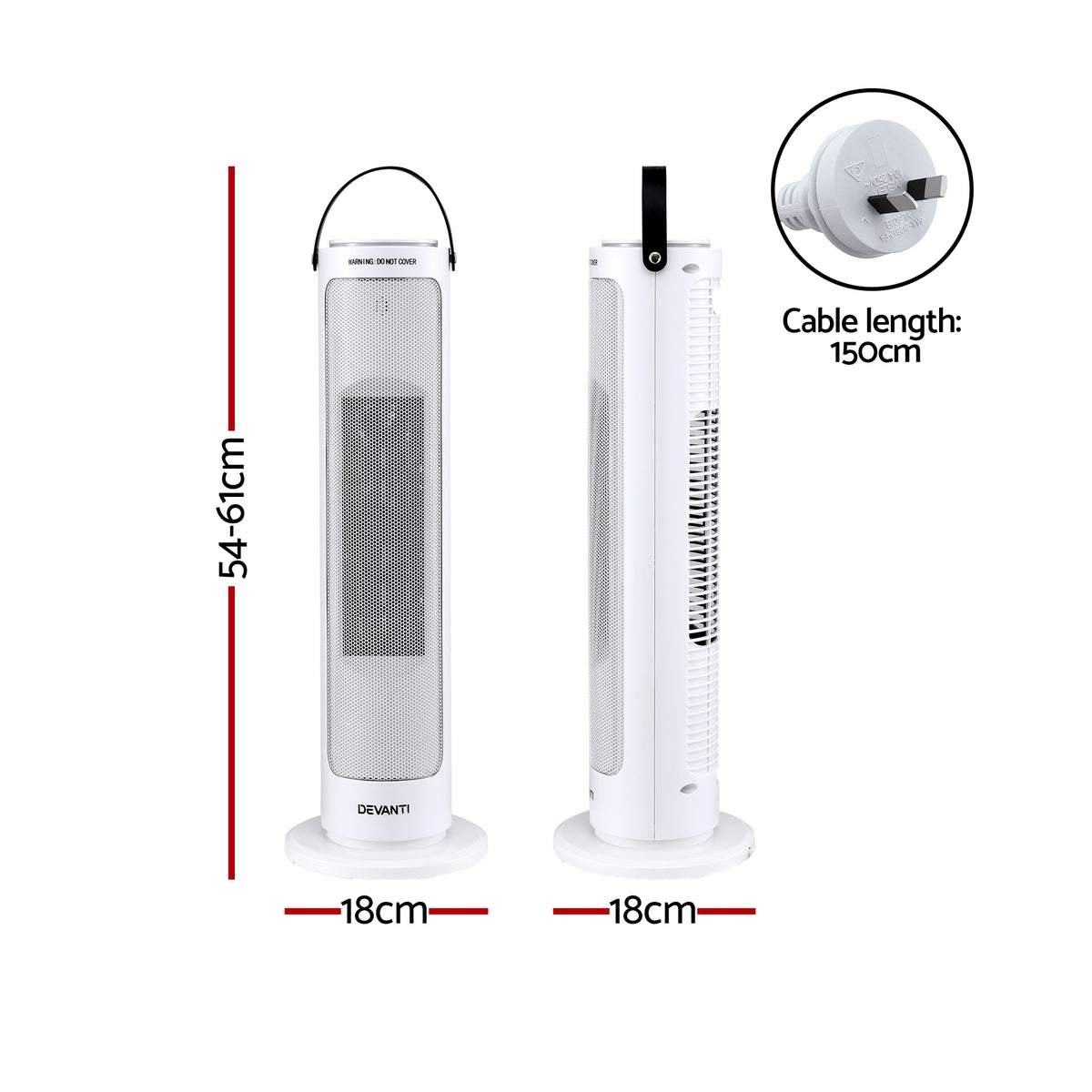 Devanti 2000W Ceramic Tower Heater Space Heaters Oscillating Indoor White