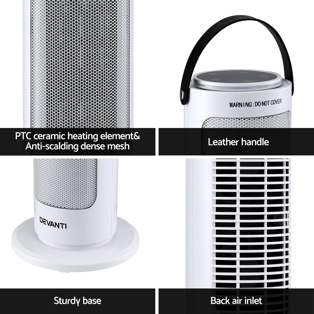Devanti 2000W Ceramic Tower Heater Space Heaters Oscillating Indoor White