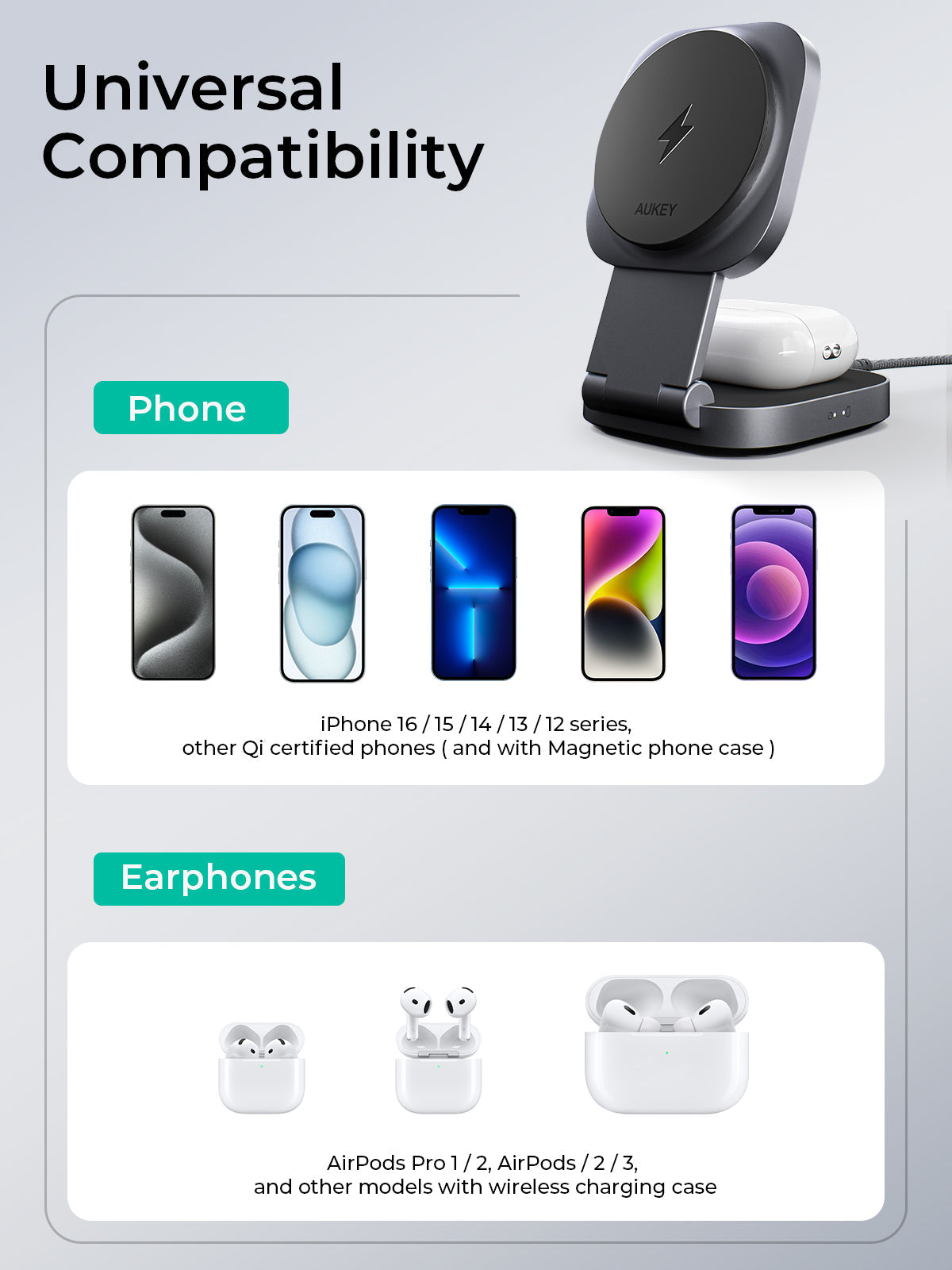 AUKEY MagFusion L Qi2 15W 2-in-1 Foldable Magnetic Wireless Charger for iPhone, AirPods, Samsung & Galaxy Buds – LC-MC211