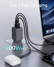 AUKEY Comet 100W GaN 3-Port USB-C & USB-A Fast Wall Charger with 1.8m 100W USB-C Cable for Laptops, MacBook, iPads & Phones – PA-C5