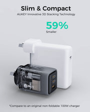 AUKEY Comet 100W GaN 3-Port USB-C & USB-A Fast Wall Charger with 1.8m 100W USB-C Cable for Laptops, MacBook, iPads & Phones – PA-C5