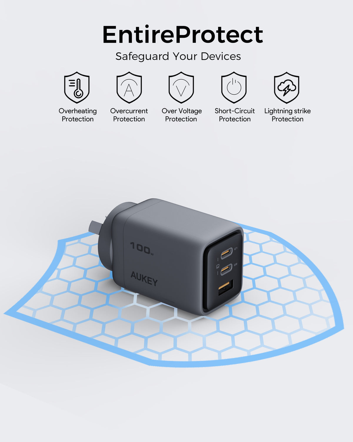 AUKEY Comet 100W GaN 3-Port USB-C & USB-A Fast Wall Charger with 1.8m 100W USB-C Cable for Laptops, MacBook, iPads & Phones – PA-C5