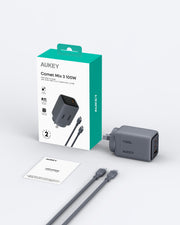 AUKEY Comet 100W GaN 3-Port USB-C & USB-A Fast Wall Charger with 1.8m 100W USB-C Cable for Laptops, MacBook, iPads & Phones – PA-C5