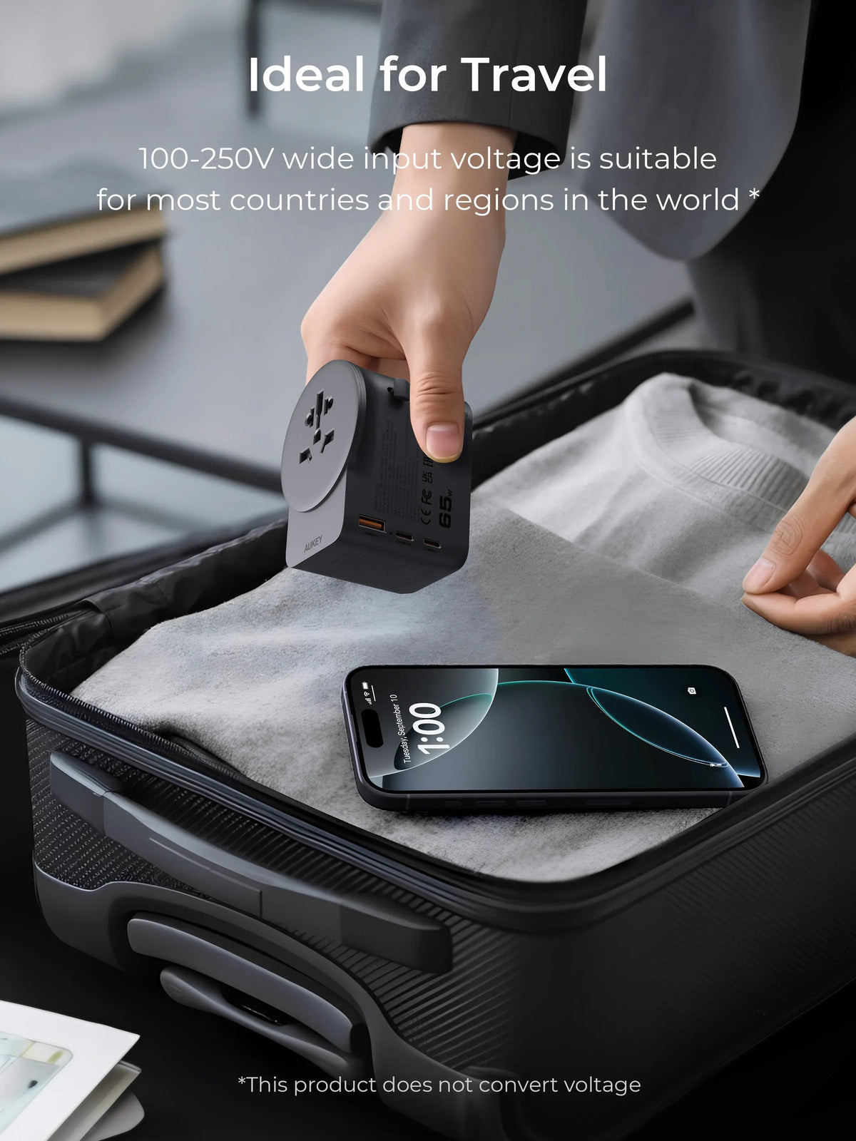 AUKEY GlobeMate 65W GaN Universal Travel Adapter with 2 USB-C + USB-A for 200+ Countries – PA-TA11A