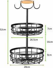 2-Tier Fruit Basket Bowl Storage with Wood Lift Handle and Dual Banana Tree Hanger for Kitchen Countertop