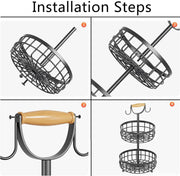 2-Tier Fruit Basket Bowl Storage with Wood Lift Handle and Dual Banana Tree Hanger for Kitchen Countertop