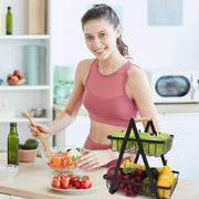 CARLA HOME 2-Tier Fruit Basket Stand for Kitchen Countertop for Fruits, Vegetables, Bread & Snacks with Wooden Handle