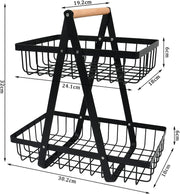 CARLA HOME 2-Tier Fruit Basket Stand for Kitchen Countertop for Fruits, Vegetables, Bread & Snacks with Wooden Handle
