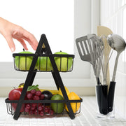 CARLA HOME 2-Tier Fruit Basket Stand for Kitchen Countertop for Fruits, Vegetables, Bread & Snacks with Wooden Handle