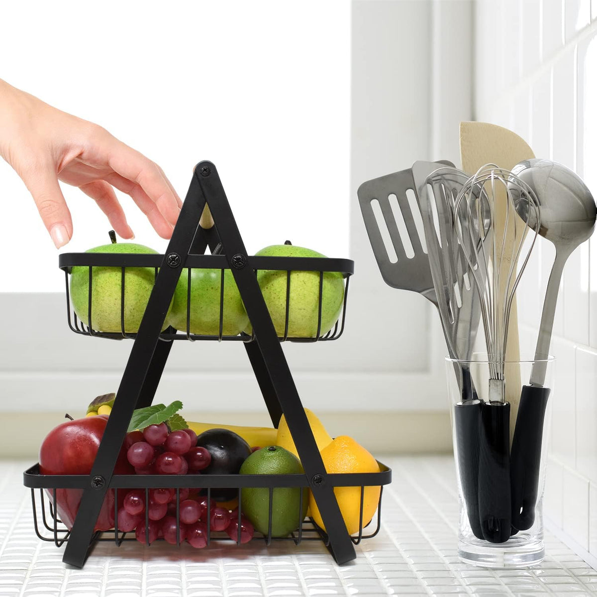 CARLA HOME 2-Tier Fruit Basket Stand for Kitchen Countertop for Fruits, Vegetables, Bread & Snacks with Wooden Handle
