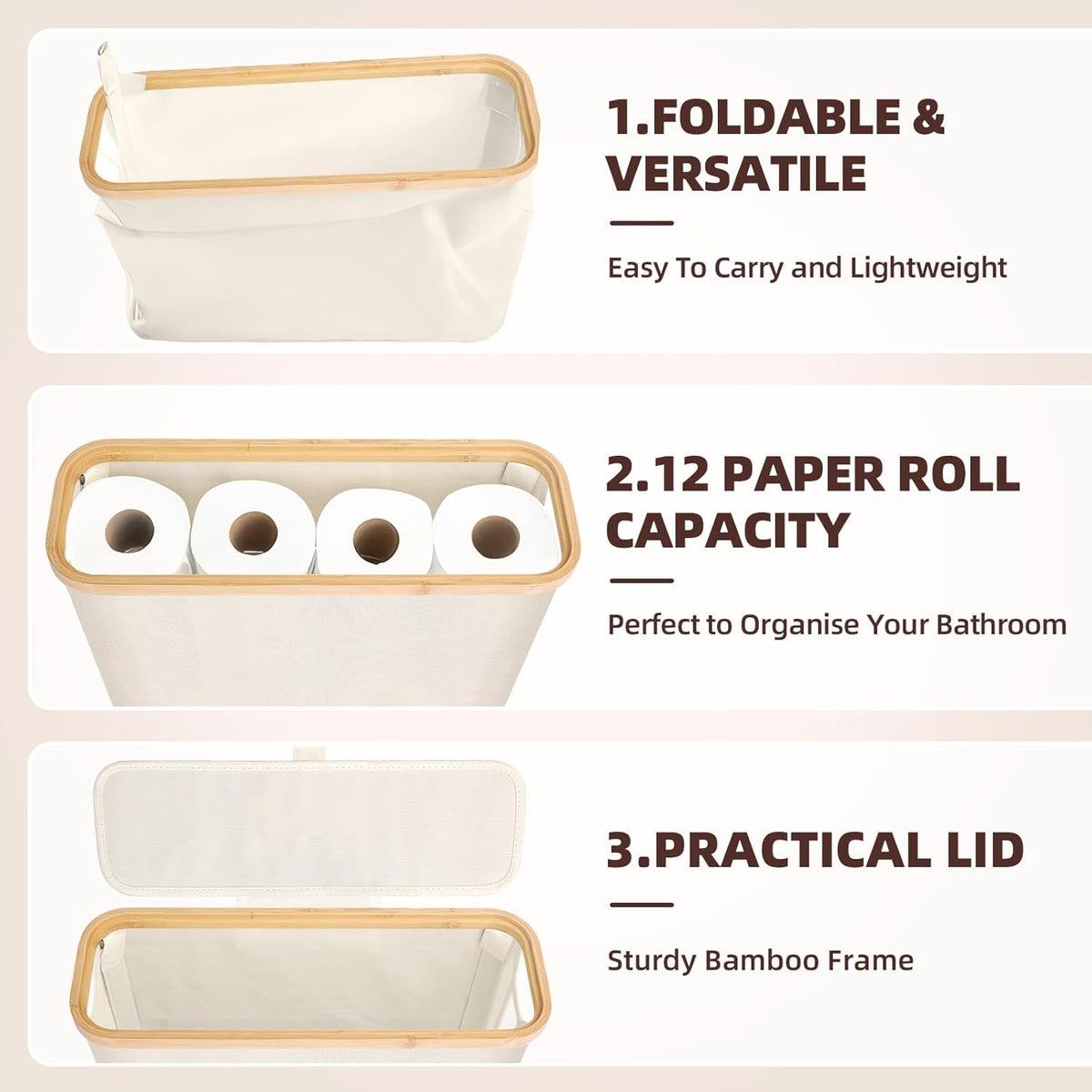 CARLA HOME Toilet Paper Storage Basket Holds Up to 12 Rolls with Bamboo Lid and Handle for RV Closet (White)