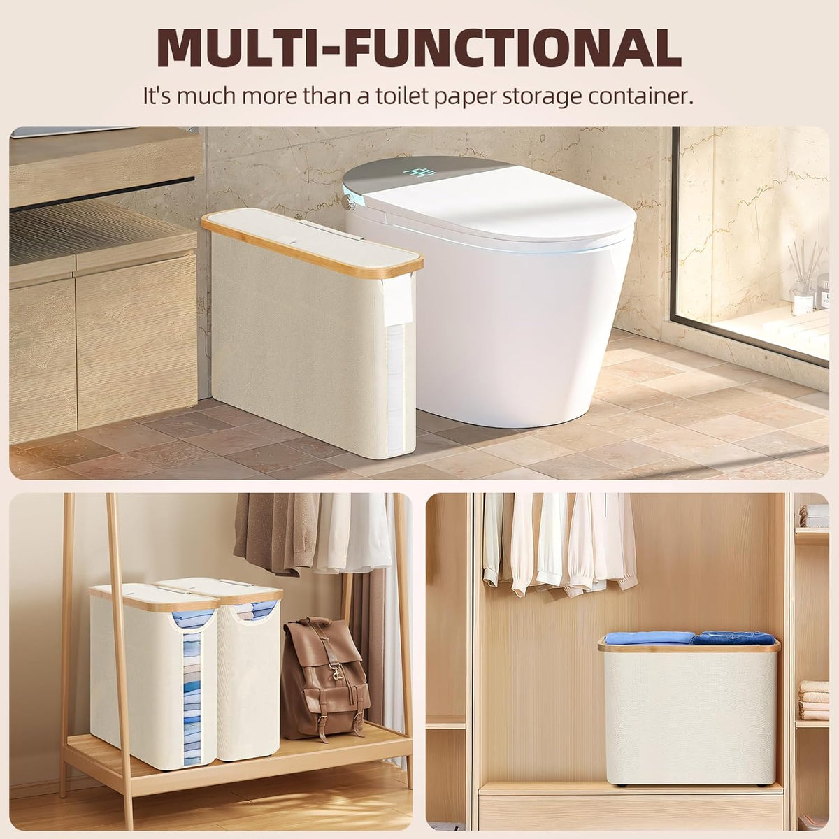 CARLA HOME Toilet Paper Storage Basket Holds Up to 12 Rolls with Bamboo Lid and Handle for RV Closet (White)