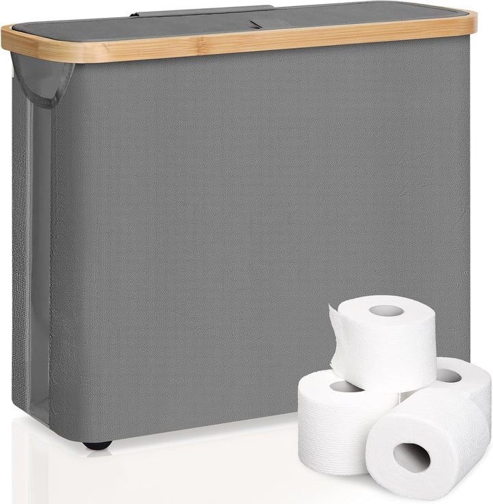 CARLA HOME Toilet Paper Storage Basket Holds Up to 12 Rolls with Bamboo Lid and Handle for RV Closet (Grey)
