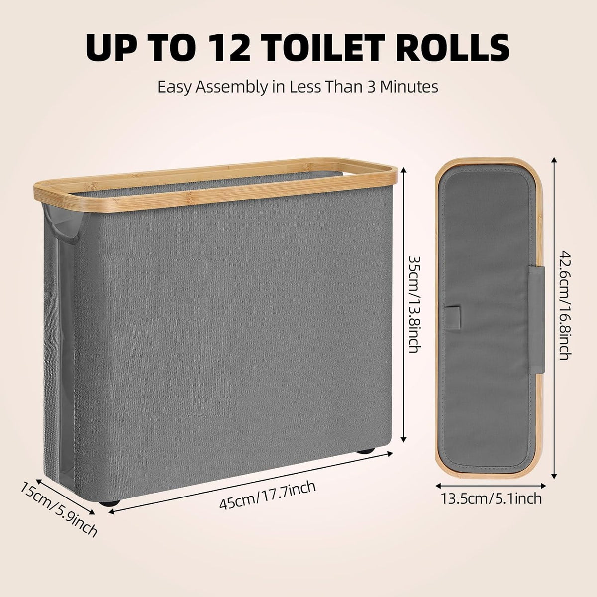 CARLA HOME Toilet Paper Storage Basket Holds Up to 12 Rolls with Bamboo Lid and Handle for RV Closet (Grey)