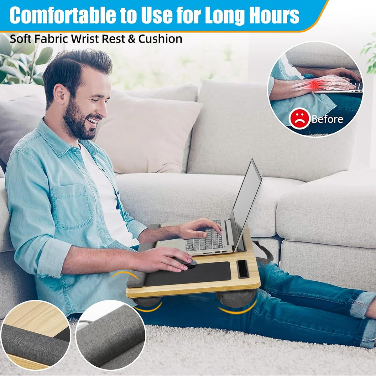 CARLA HOME Oversized Portable Lap Desk with Cushion,Mouse Pad, Tablet and Phone Holder which Fits Up to 17 Inch Laptops for Bed or Sofa (Black)
