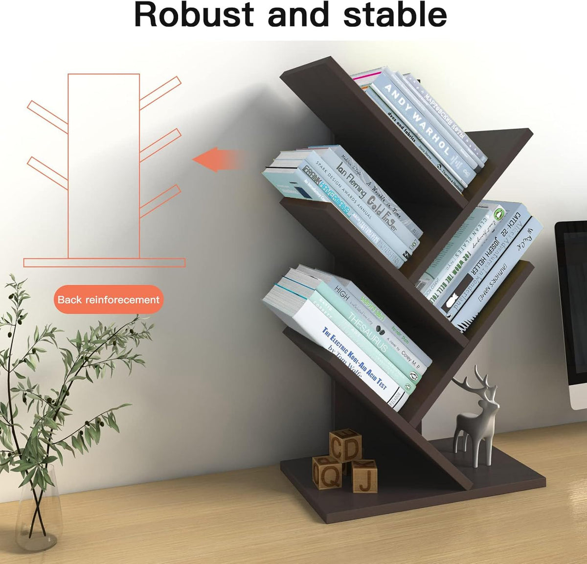 CARLA HOME 5-Tier Tree Bookshelf Storage Rack for Home Office or Bedroom (Black)