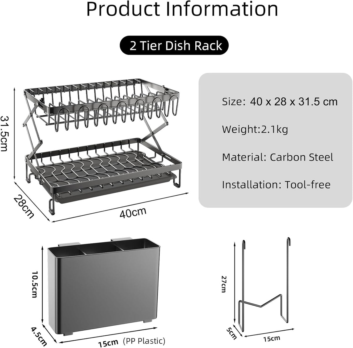CARLA HOME 2-Tier Dish Drying Rack with Drainage Tray, Utensil Holder, Cup Hooks & Cutting Board Rack for Kitchen (Black)