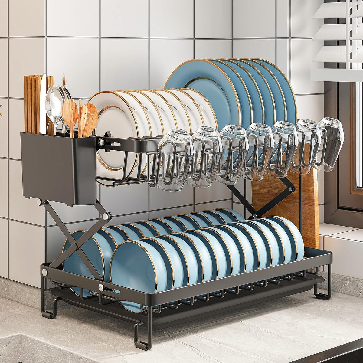 CARLA HOME 2-Tier Dish Drying Rack with Drainage Tray, Utensil Holder, Cup Hooks & Cutting Board Rack for Kitchen (Black)