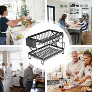 CARLA HOME 2-Tier Dish Drying Rack with Drainage Tray, Utensil Holder, Cup Hooks & Cutting Board Rack for Kitchen (Black)