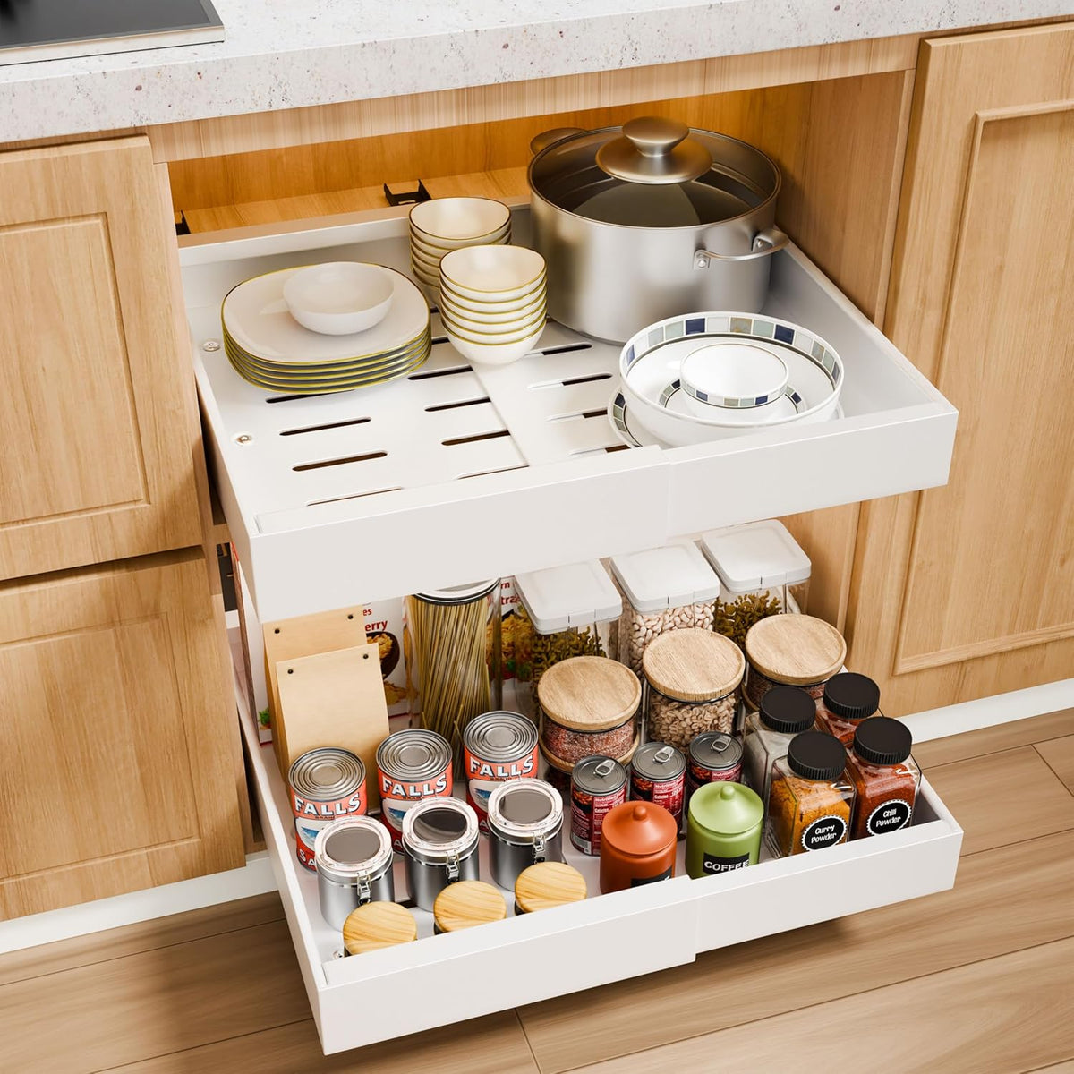 CARLA HOME Pack Pull Out Cabinet Organizer Expandable for Cabinets with Adjustable Slide Out Shelves and Easy Installation (White)