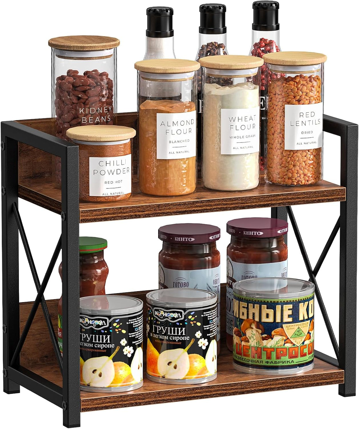 CARLA HOME 2-Tier Countertop Shelf Organizer Rustic Wood Kitchen Spice Rack for Storage, Condiments & Cabinet Organization