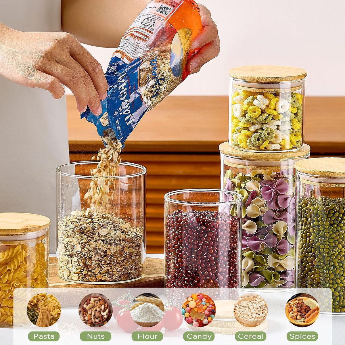 CARLA HOME 6 Pack Glass Storage Jars with Bamboo Lids for Kitchen Pantry, Pasta, Snacks, Cookies, Candy & More