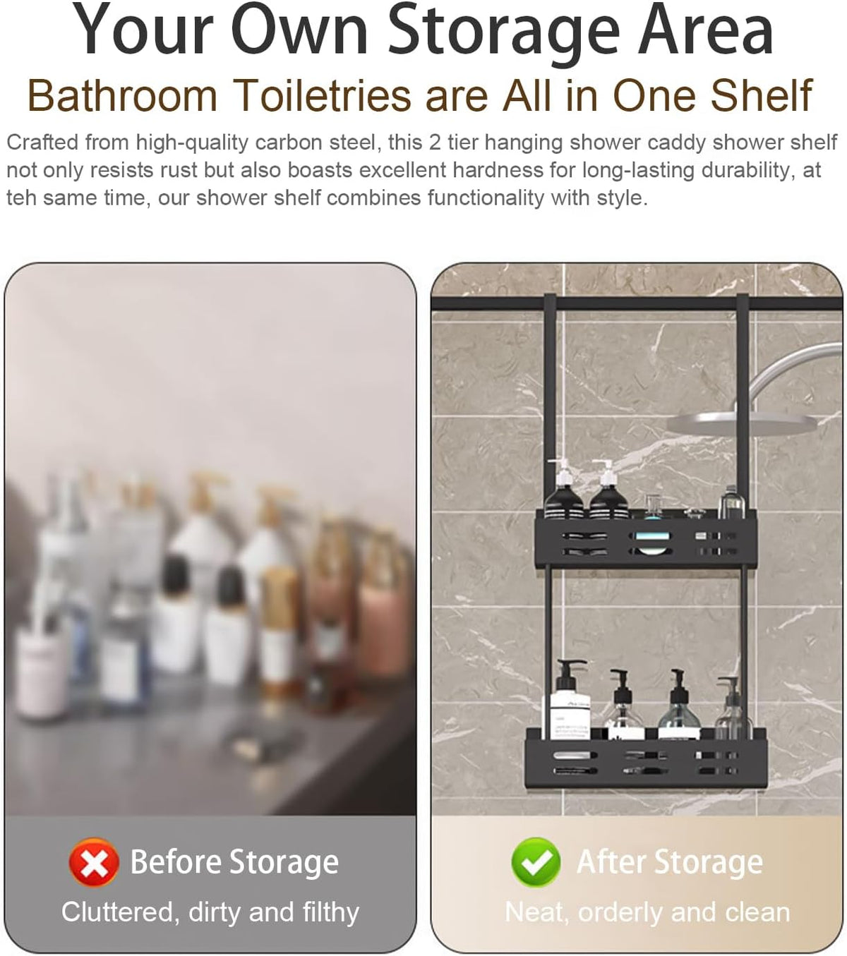 CARLA HOME Over the Door 2-tier Shower Caddy Organizer Shelf with Hooks for Bathroom