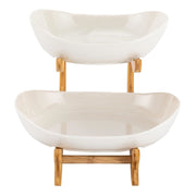 CARLA HOME 2-Tier Plastic Fruit Bowl Basket with Bamboo Stand for Kitchen Counter, Snack Tray, Dessert Server & Vegetable Storage Rack