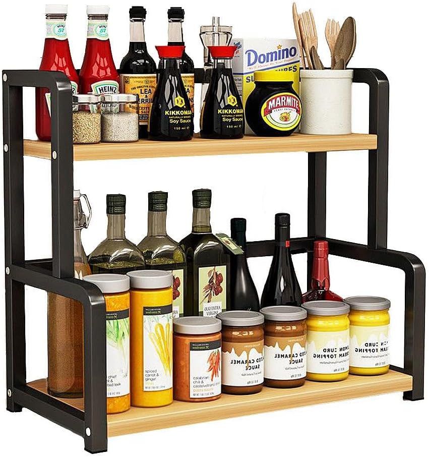 CARLA HOME 2-Tier Wooden Kitchen Countertop Spice Rack for Storage of Condiments, Oils, Jars & Seasoning Bottles