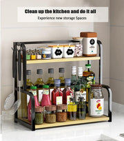 CARLA HOME 2-Tier Wooden Kitchen Countertop Spice Rack for Storage of Condiments, Oils, Jars & Seasoning Bottles