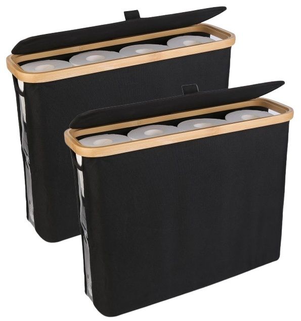 CARLA HOME 2 pack Toilet Paper Storage Basket Holds Up to 12 Rolls with Bamboo Lid and Handle for RV Closet (Black)