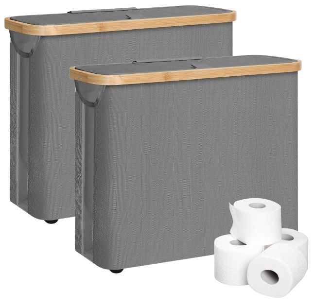 CARLA HOME 2 pack Toilet Paper Storage Basket Holds Up to 12 Rolls with Bamboo Lid and Handle for RV Closet (Grey)
