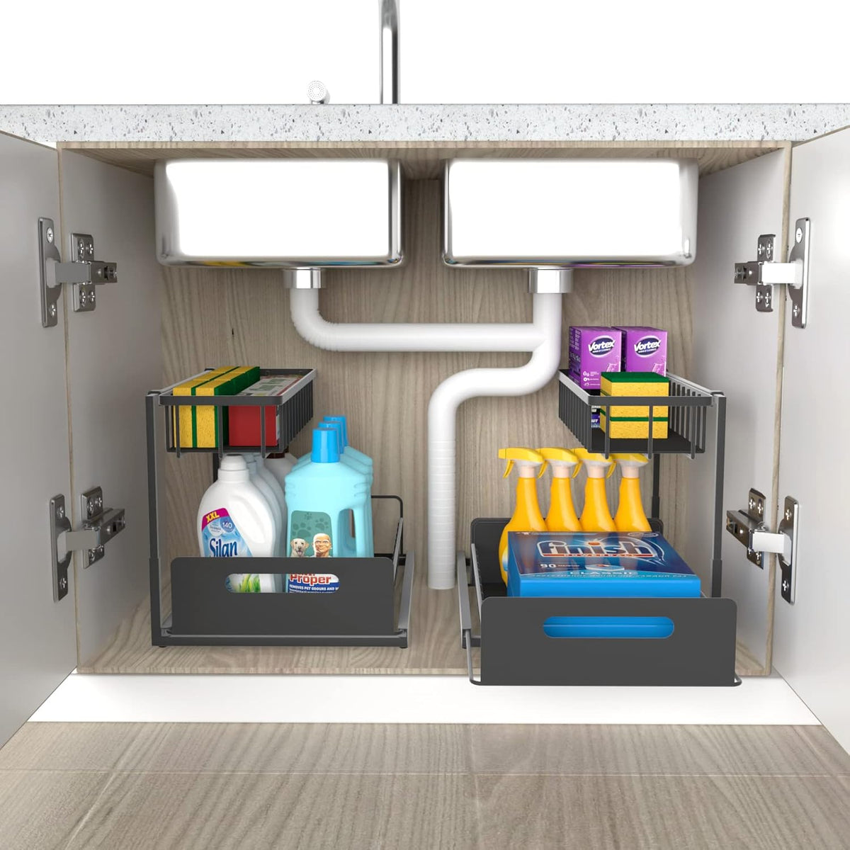 CARLA HOME 2 Tier Under Sink Organiser with Sliding Drawers for Kitchen & Bathroom