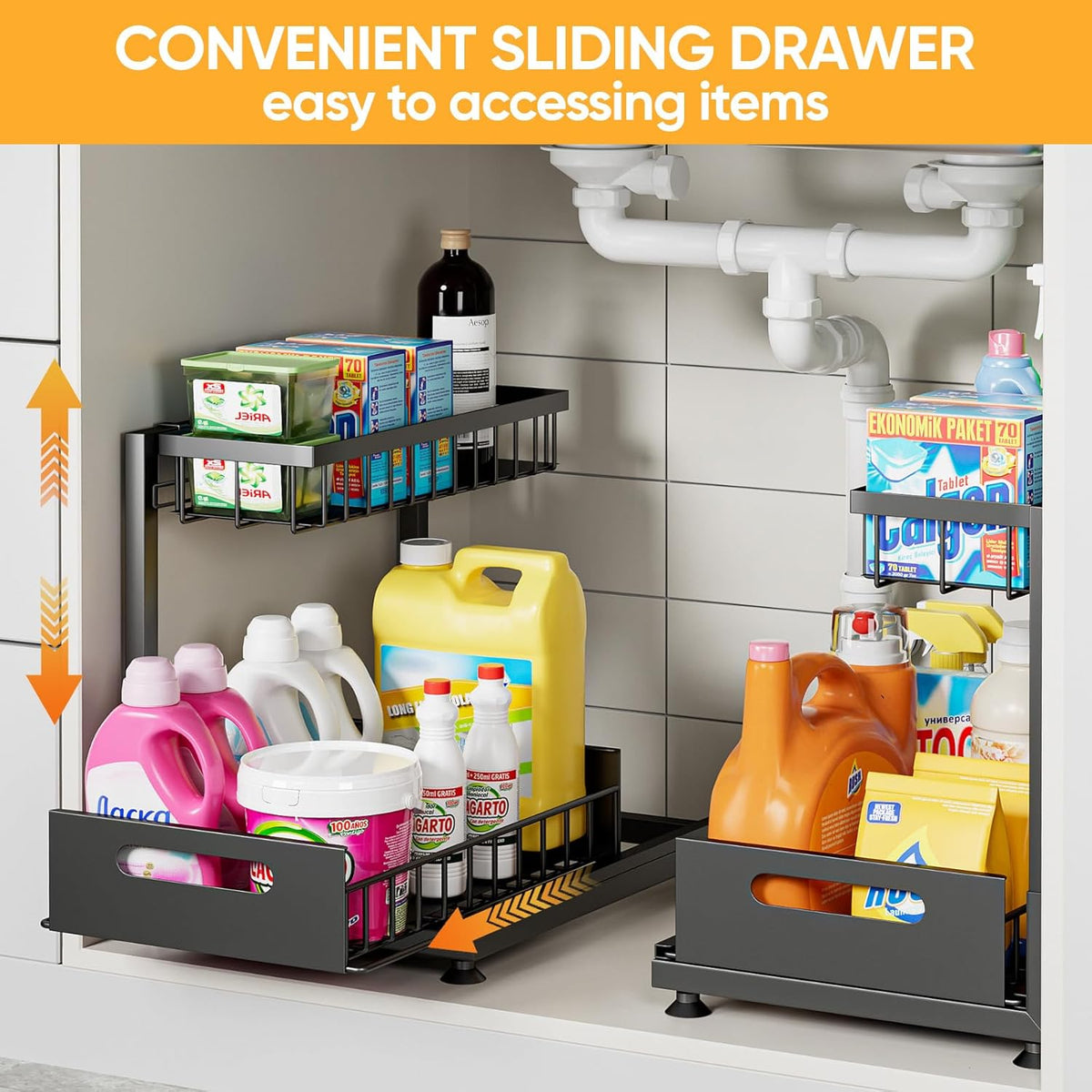 CARLA HOME 2 Tier Under Sink Organiser with Sliding Drawers for Kitchen & Bathroom
