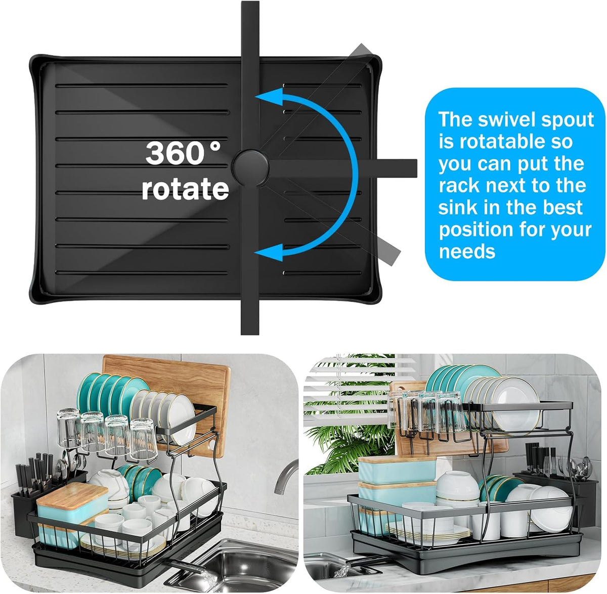 CARLA HOME 2-Tier Dish Drying Rack for Kitchen Counter with Drainboard, Utensil Holder, Cup Rack & Cutlery Organizer