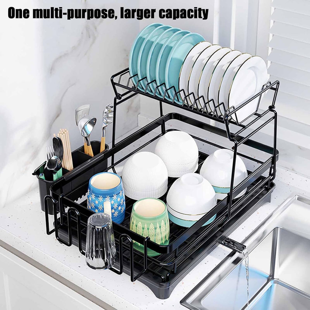 CARLA HOME 2-Tier Dish Drying Rack for Kitchen Counter with Drainboard, Utensil Holder, Cup Rack & Cutlery Organizer