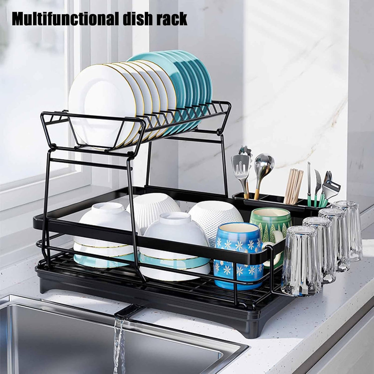 CARLA HOME 2-Tier Dish Drying Rack for Kitchen Counter with Drainboard, Utensil Holder, Cup Rack & Cutlery Organizer
