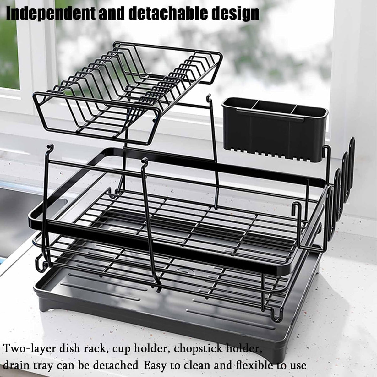 CARLA HOME 2-Tier Dish Drying Rack for Kitchen Counter with Drainboard, Utensil Holder, Cup Rack & Cutlery Organizer