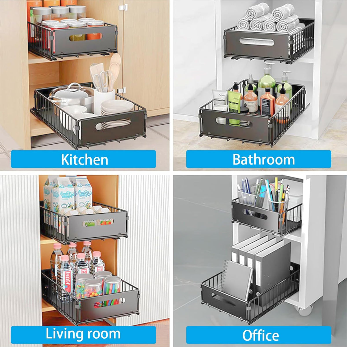CARLA HOME 2 Pack Pullout Cabinet Kitchen Organizer Drawers with No-Drilling and Adhesive Design for Pantry & Cabinets