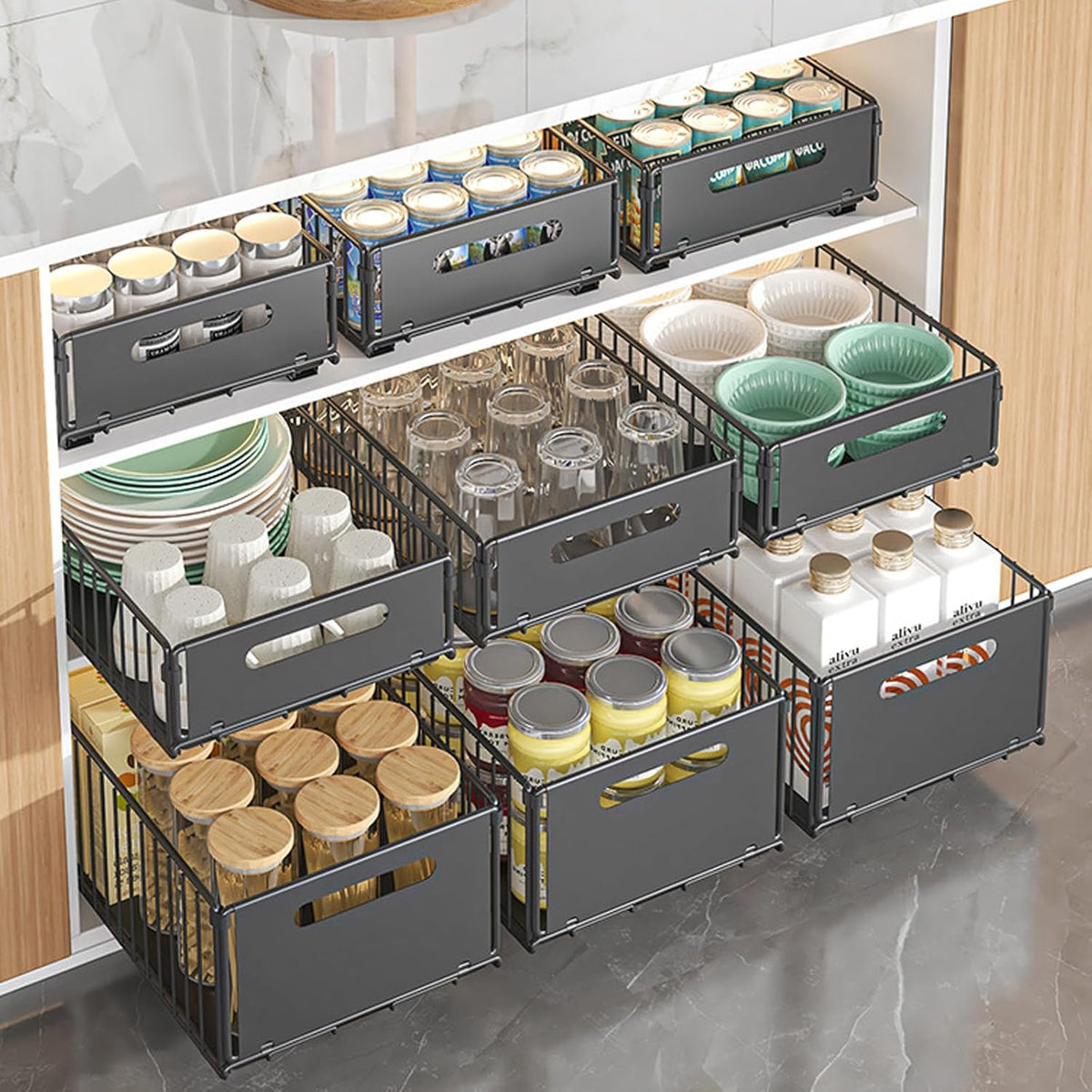 CARLA HOME 2 Pack Pullout Cabinet Kitchen Organizer Drawers with No-Drilling and Adhesive Design for Pantry & Cabinets
