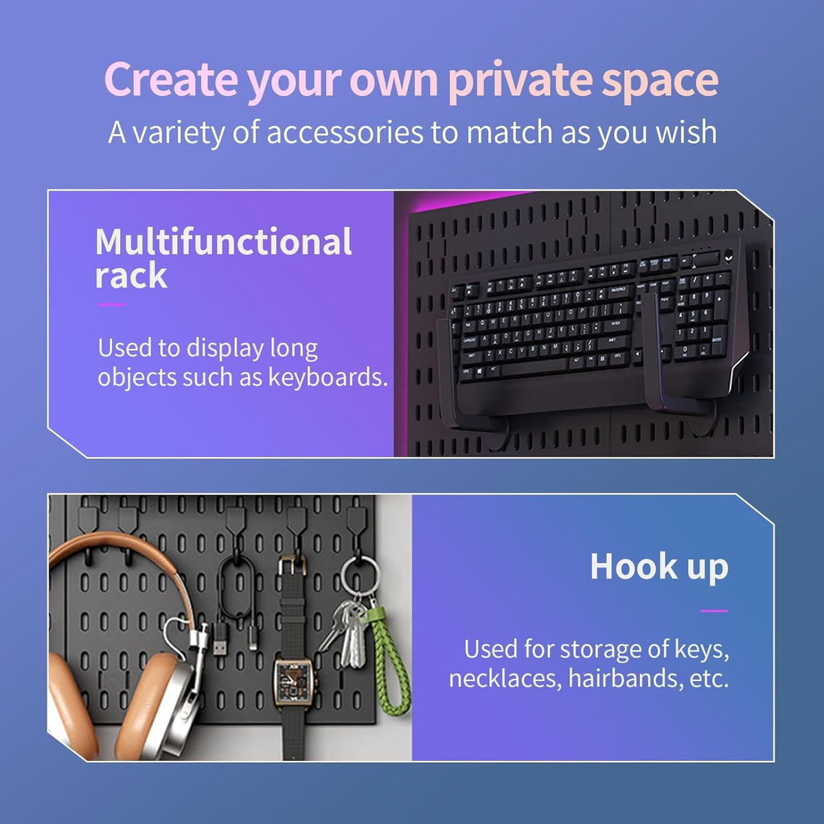 CARLA HOME Pegboard Wall Organizer Kit with 3 Modular Black Panels & 17 Accessories for Gaming, Office & Craft Storage