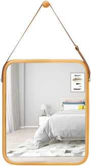 CARLA HOME Hanging Wall Mirror with Bamboo Frame with Adjustable Leather Strap for Bathroom, Bedroom, Vanity or Entryway (40x33 cm)