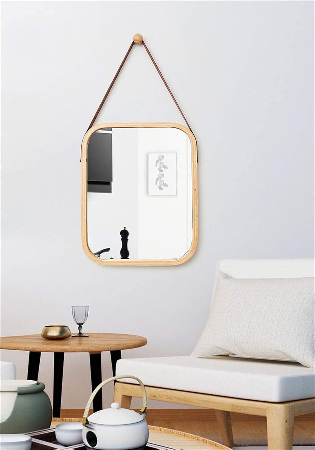 CARLA HOME Hanging Wall Mirror with Bamboo Frame with Adjustable Leather Strap for Bathroom, Bedroom, Vanity or Entryway (40x33 cm)