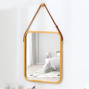 CARLA HOME Hanging Wall Mirror with Bamboo Frame with Adjustable Leather Strap for Bathroom, Bedroom, Vanity or Entryway (40x33 cm)