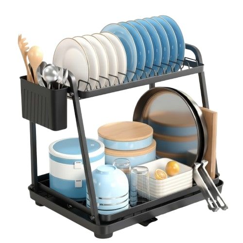 CARLA HOME 2-Tier Dish Drying Rack for Kitchen Countertop with Drainage Tray, Utensil Holder, Cutting Board Slot & Cup Hooks