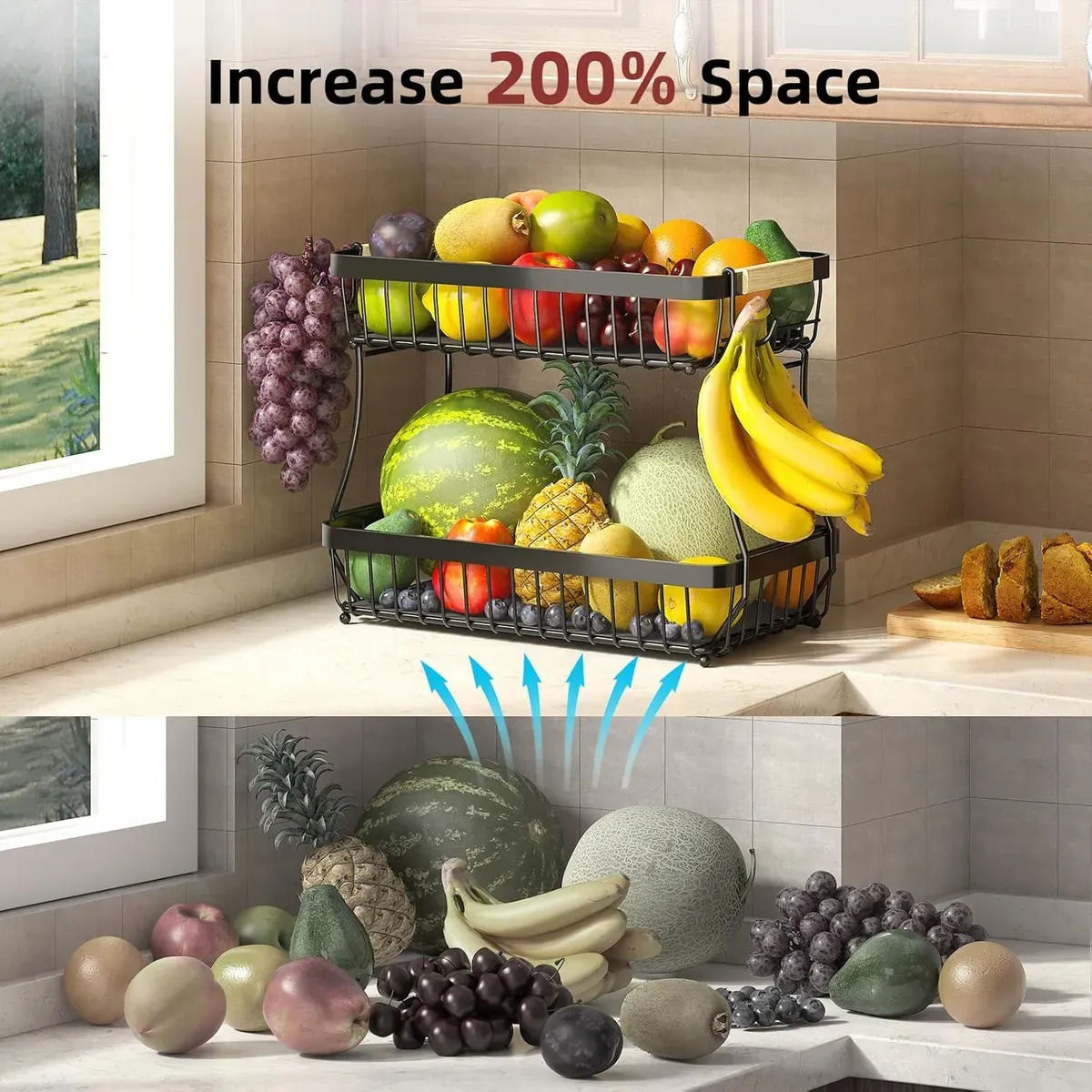 CARLA HOME 2-Tier Fruit Basket Metal Storage Bowl Kitchen Counter Organizer with Handles for Fruits, Vegetables, Snacks & Bread