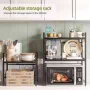 CARLA HOME 2-Tier Microwave Oven Rack with Adjustable Metal Kitchen Shelf Stand for Countertop Storage and 6 Hooks for Utensils (Black)