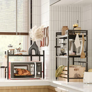 CARLA HOME 2-Tier Microwave Oven Rack with Adjustable Metal Kitchen Shelf Stand for Countertop Storage and 6 Hooks for Utensils (Black)